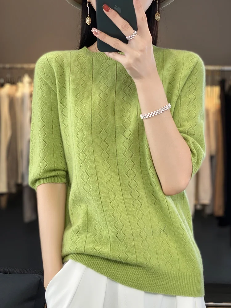 100% Merino Wool Women\' Sweater Spring Summer O-Neck Diamond Solid Color Hollow Out Solid Color Pullover Short Sleeved Soft Tops