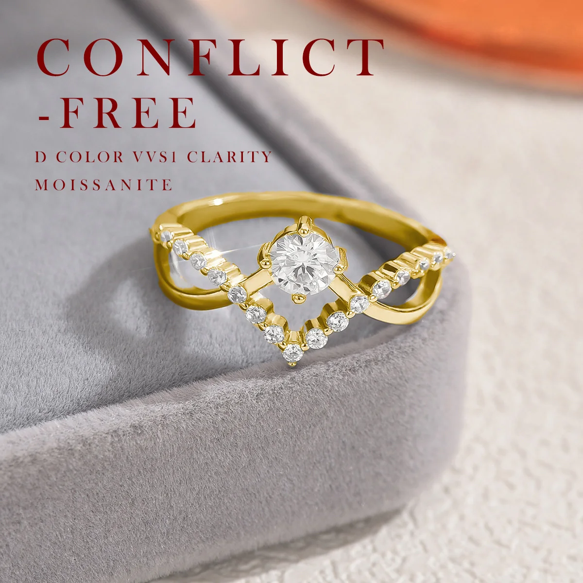 خاتم مويسانيتي 0.5 قيراط من الفضة الإسترليني عيار 925 مطلي بالذهب عيار 18 قيراط نمط فريد مفتوح للنساء هدية للحفلات يأتي مع شهادة GRA #5