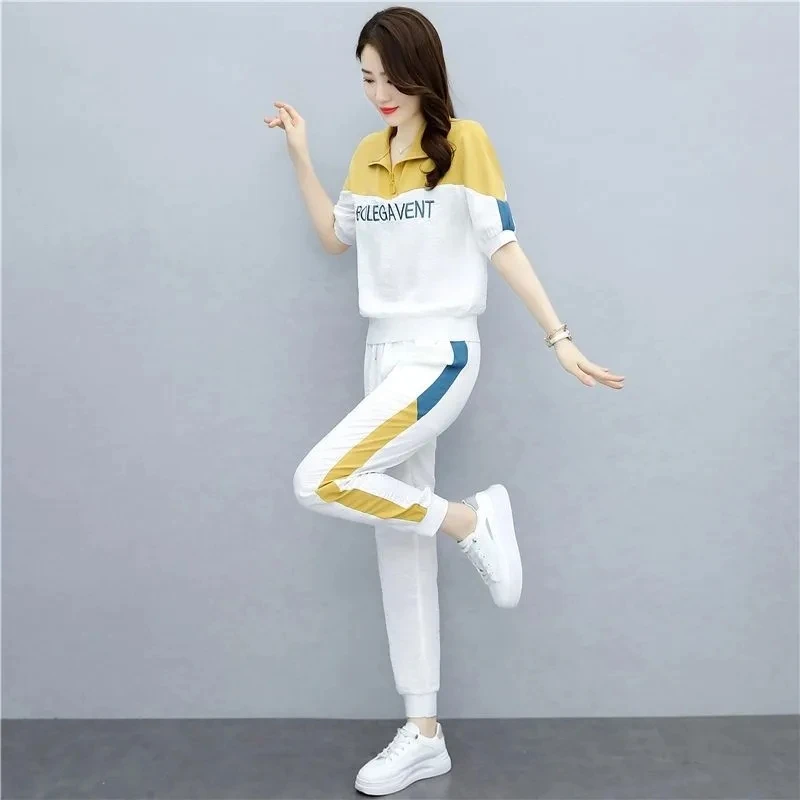 Women Stand-Up Collar T-Shirt And Sports Pant Sets Female 2022 Summer New Fashion Temperament Thin Two Piece Suit Elegant White