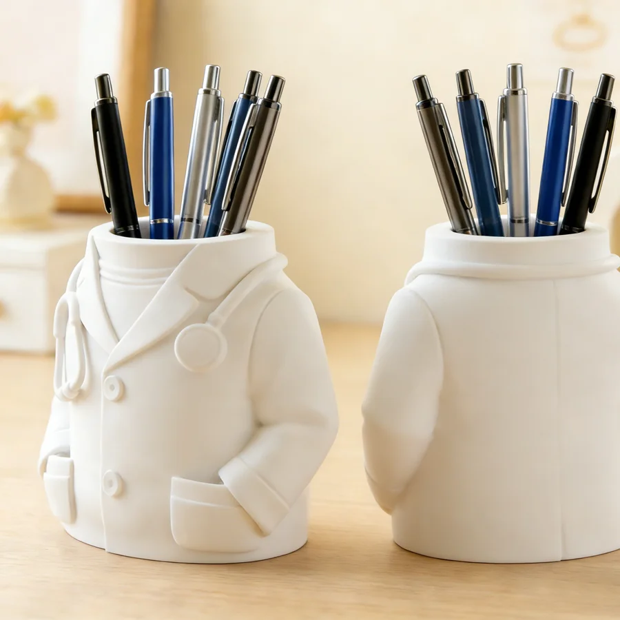 Creative Doctor White Coat Pencil Holder - Desktop Stationery Organizer with Stethoscope Decoration, Practical Desk Ornament