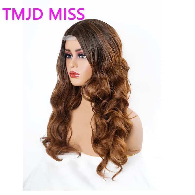 26 Inch Gradient Brown Long Wavy Hair Small Lace Wig Women's Big Wave Synthetic Fiber Wig Full Set Peluca Simulated Human Hair