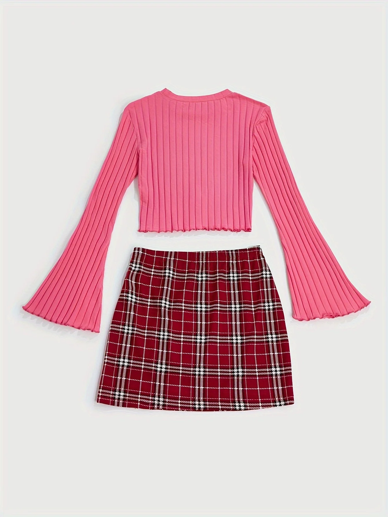 Casual Colorblock Two-piece Skirt Set Ribbed Crew Neck Long Sleeve Top & Plaid Skirts Women\'s Clothing