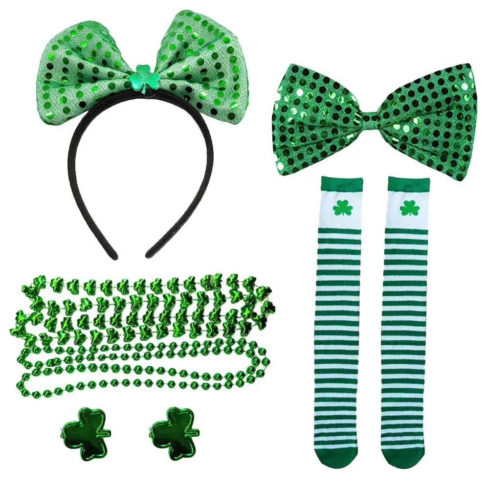 6Pcs St Patrick's Day Party Costume Set Chic Bowknot Headband Socks Necklace Dress Up Accessories St. Patrick's Day Costume