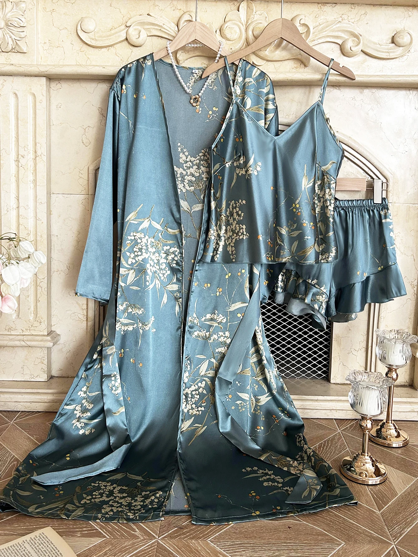 

Cherry print sexy V-neck halter shorts elegant and fashionable women's bathrobe 3-piece set