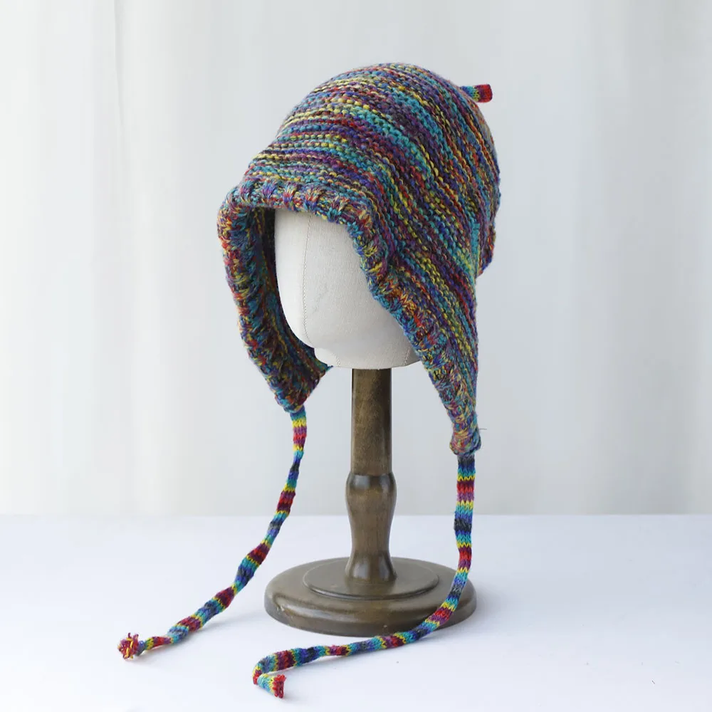 Women Winter Ear Protection Hat Rainbow Color Striped Knitted Earmuff Beanie Soft Crochet Ladies Outdoor Windproof Warm Bonnet C