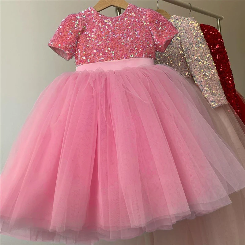 Kids Sequin Party Dress for Girls Formal Wedding Evening Ball Gown Elegant Children Birthday Princess Dress for Red Christmas