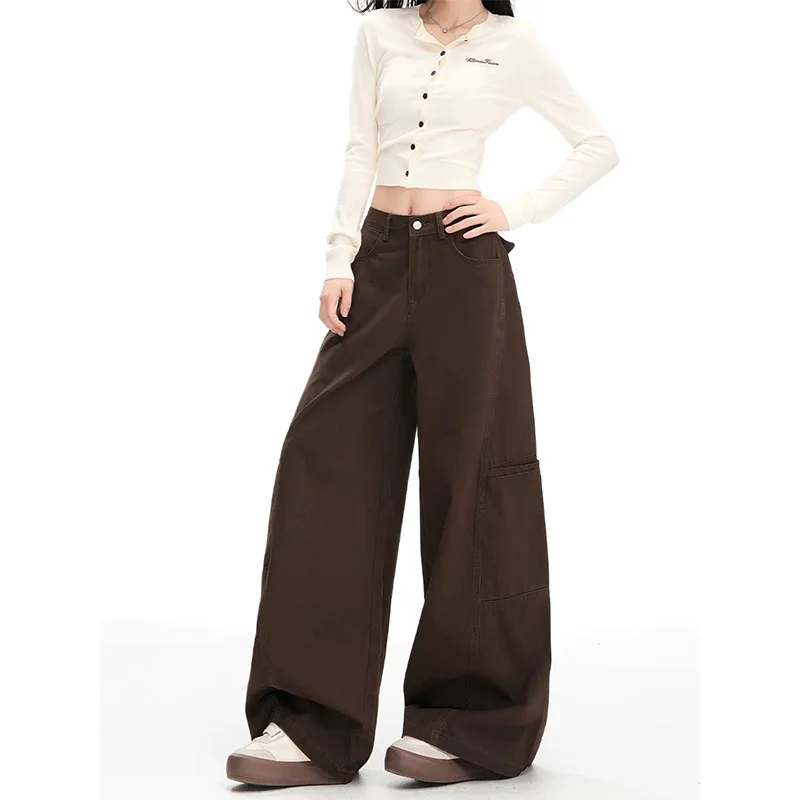 جينز واسع الساق للنساء بني قهوة فضفاض كسول ملابس العمل بنمط مريح #2