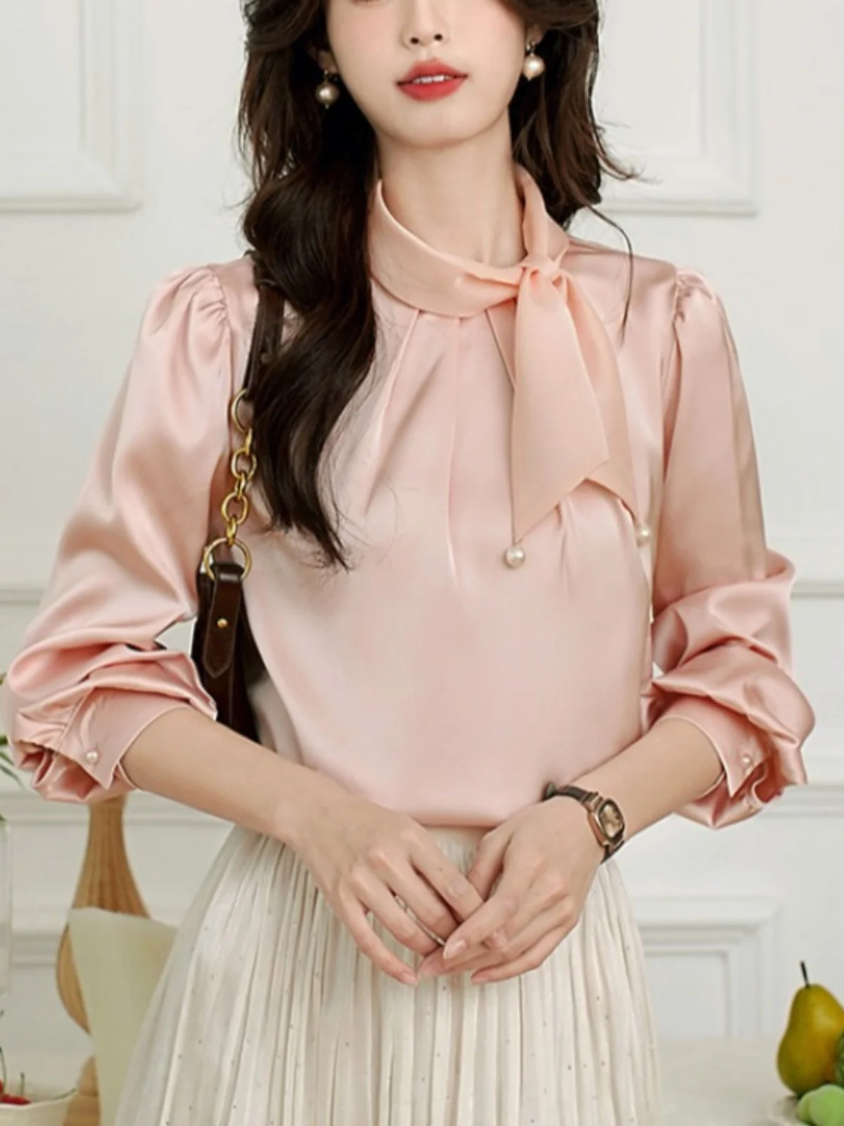 

Gentle Collar Knot Silk irt Women's Early Autumn New Retro Drapey Profional Commute Top French Sle Straight ...