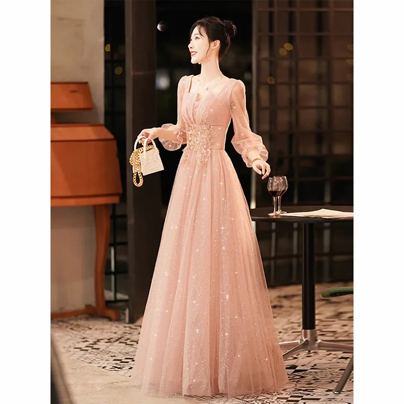 

2024 New Summer Temperament Celebrity Fashion Evening Dress Host Gentle Pink Evening Dress Women's Banquet