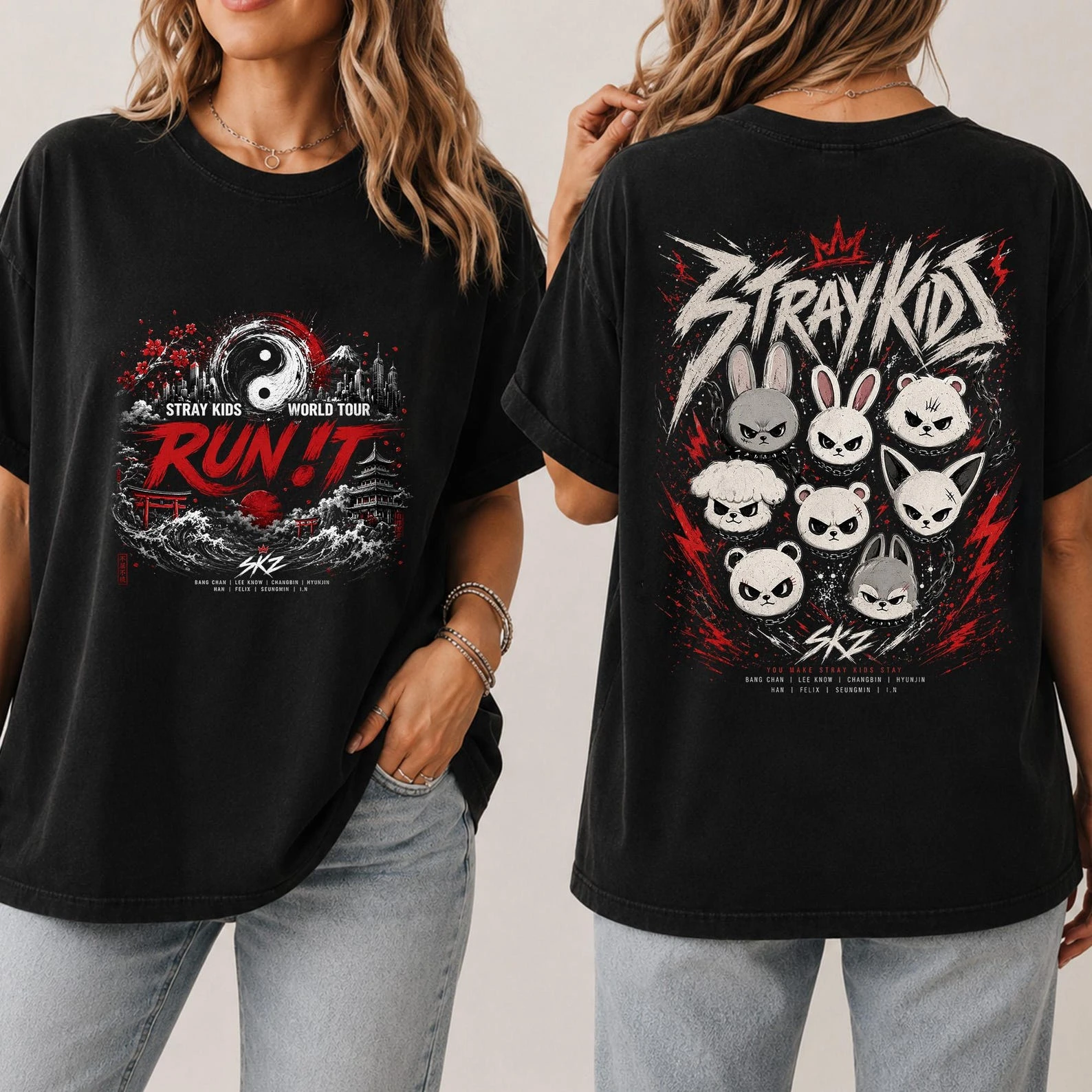 KPop Stray Kids RUN World Tour T-shirt Men Women Summer 100 Cotton Clothing Fashion Oversize Short Sleeved Top Streetwear Unisex