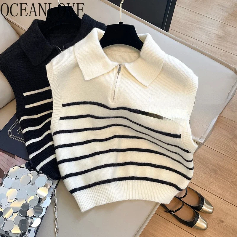 OCEANLOVE Zipper Women Sweaters Stripes Korean Fashion Vintage Autumn Winter Short Pullovers Elegant Basics Vests Pull Femme