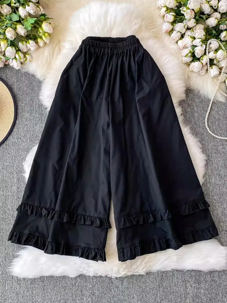 일본 빈티지 플레어 팬츠 모리걸 러플 코튼 와이드 레그 팬츠 여성 여름 신상 밴딩 허리 캐주얼 루즈 큐롯 팬츠