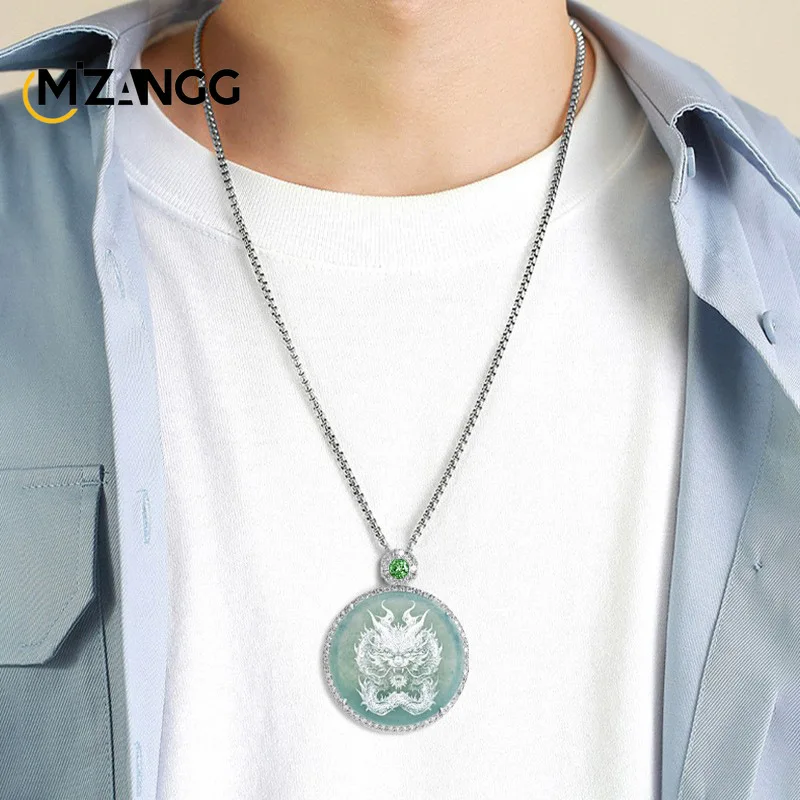 Natural Jadeite Blue Water Shadow Carving Dragon Pendant Silver Ice Buddha GuanYin Necklace Fashion Men\'s and Women\'s Jewelry