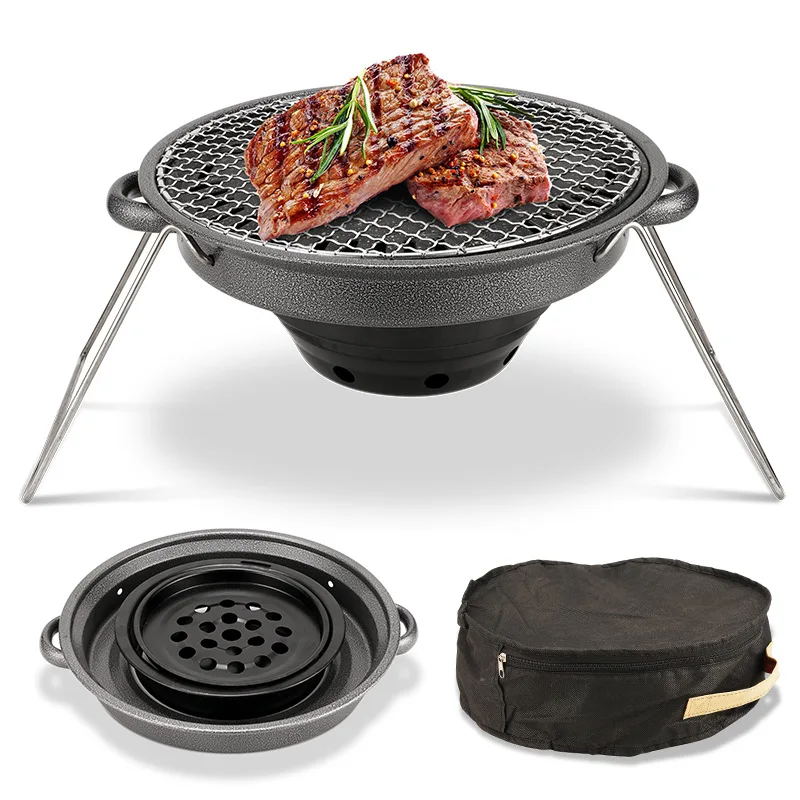 

Portable Outdoor & Home Foldable Barbecue Grill - Easy To Assemble, Non-stick Charcoal Grill With Lava Stone Baking Pan