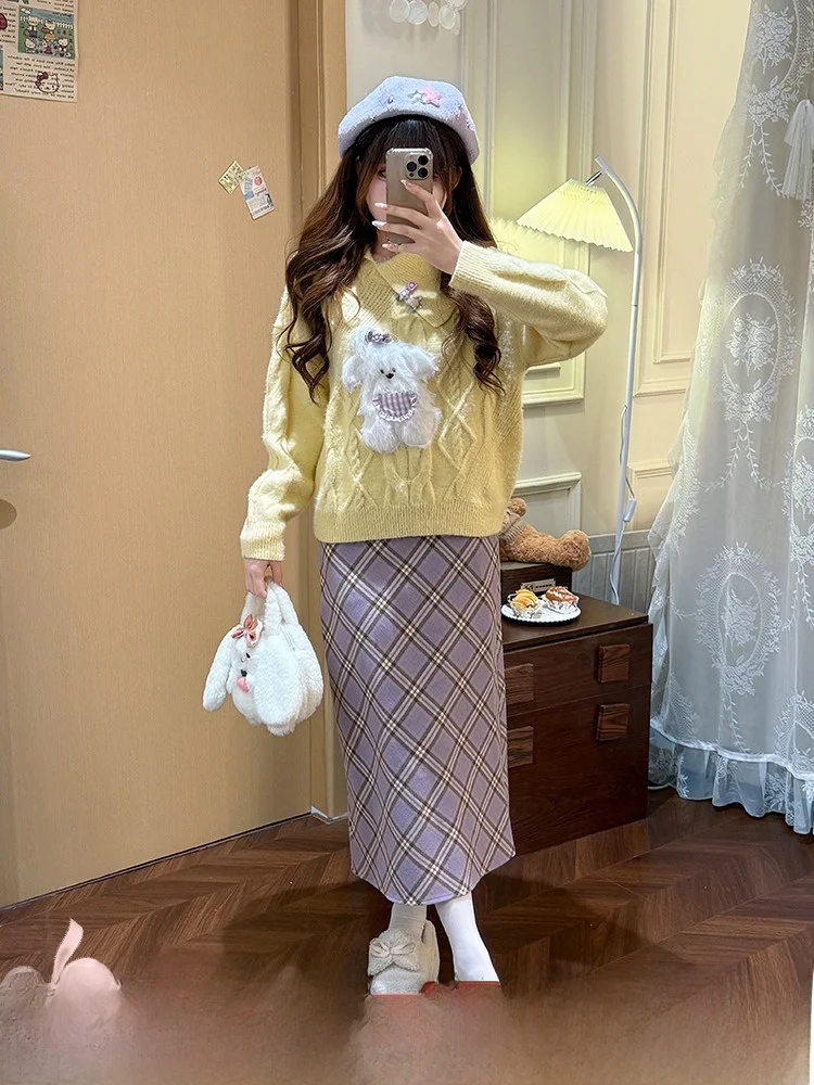 

Sweet Sle Long Sve Knitted Sweater Women's Autumn Winter Cozy Overhead Knitwear 3D Dog Pattern Casual Loose Fit T-irt
