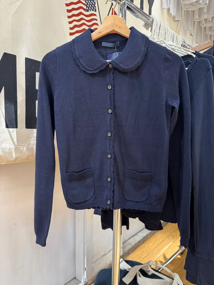 الدانتيل تقليم بيتر بان طوق البحرية سترة المرأة الخريف نمط Preppy الحلو واحدة الصدر طويلة الأكمام جيب ضئيلة محبوك سترة