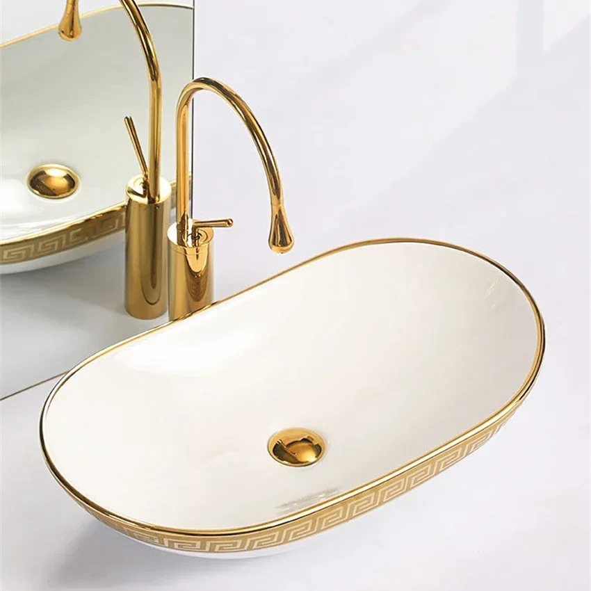 Light Luxury European Style Golden Ceramic Tabletop Basin Household Washbasin Minimalist Bathroom Wash Basins Simple Washbasin