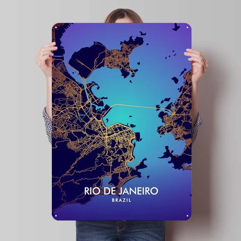 Rio De Janeiro Tinplate Map Sign Wall Art Decor Decor for Room Decoration Retro Metal Sign for Bar Coffee Bar Wall Decoration