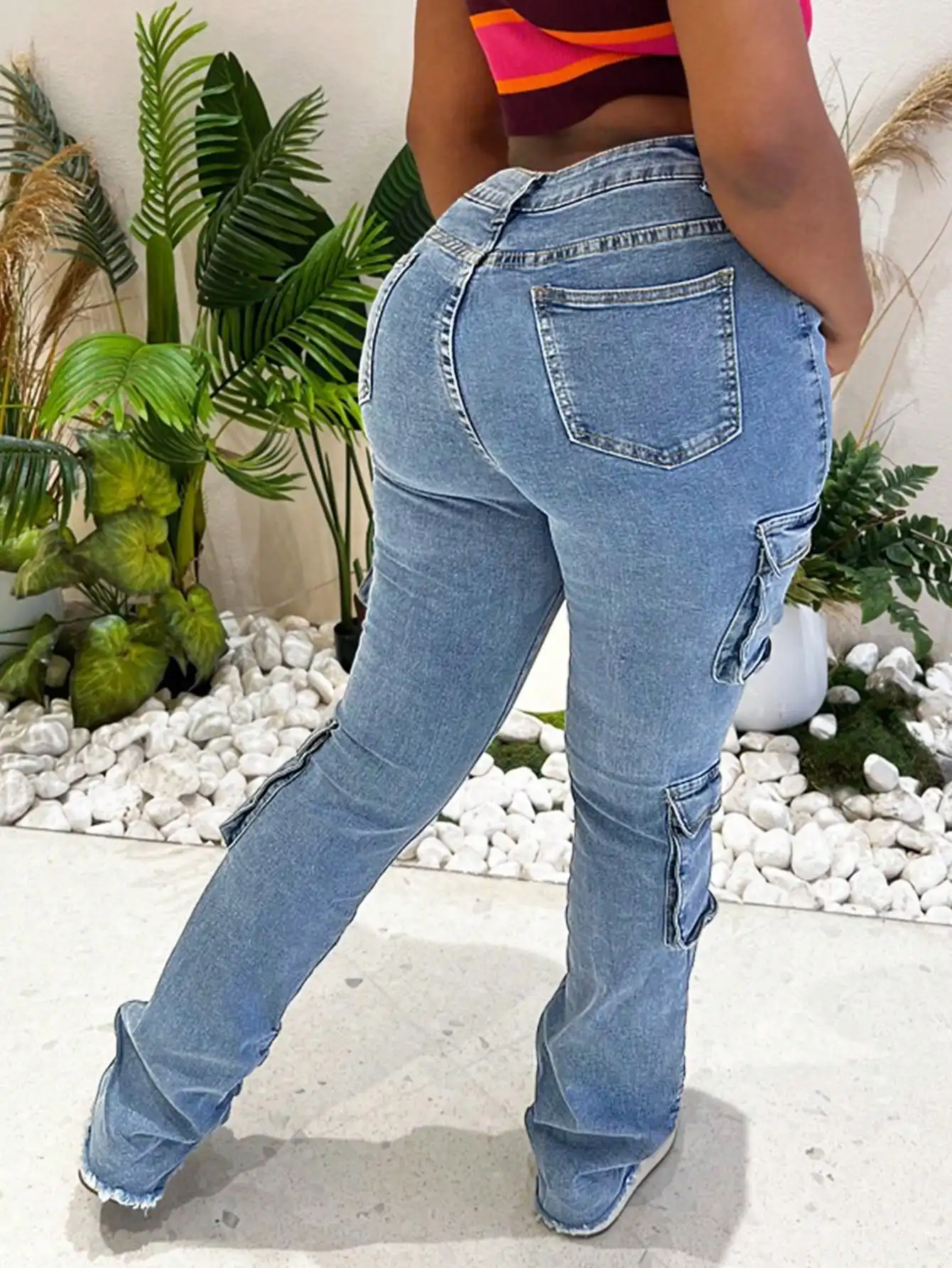 WGXWGX Women's High-Waisted Cargo Flare Jeans Trendy Multi-Pocket Stretch Denim Frayed Hem Full-Length Pants