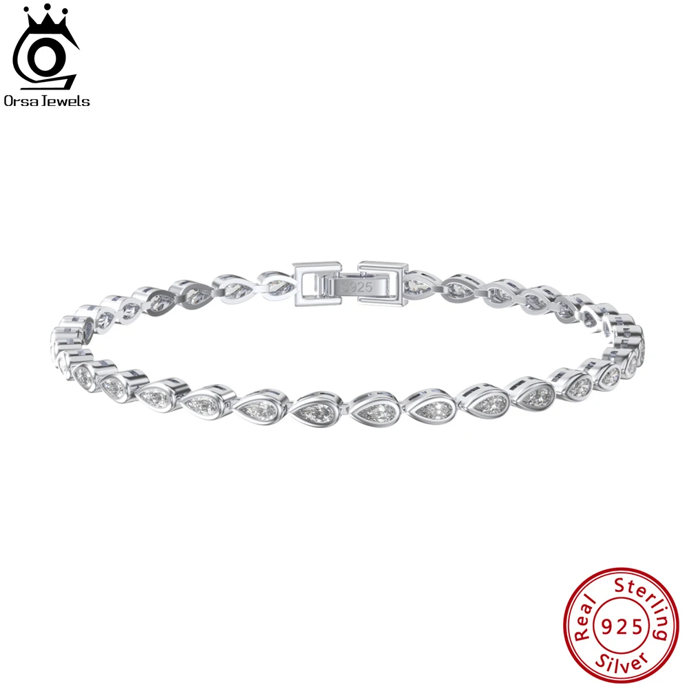 ORSA JEWELS Fashion 925 Sterling Silver Tennis Chain Bracelet Pear Cut Cubic Zirconia Hand Chain for Women Party Jewelry SB154