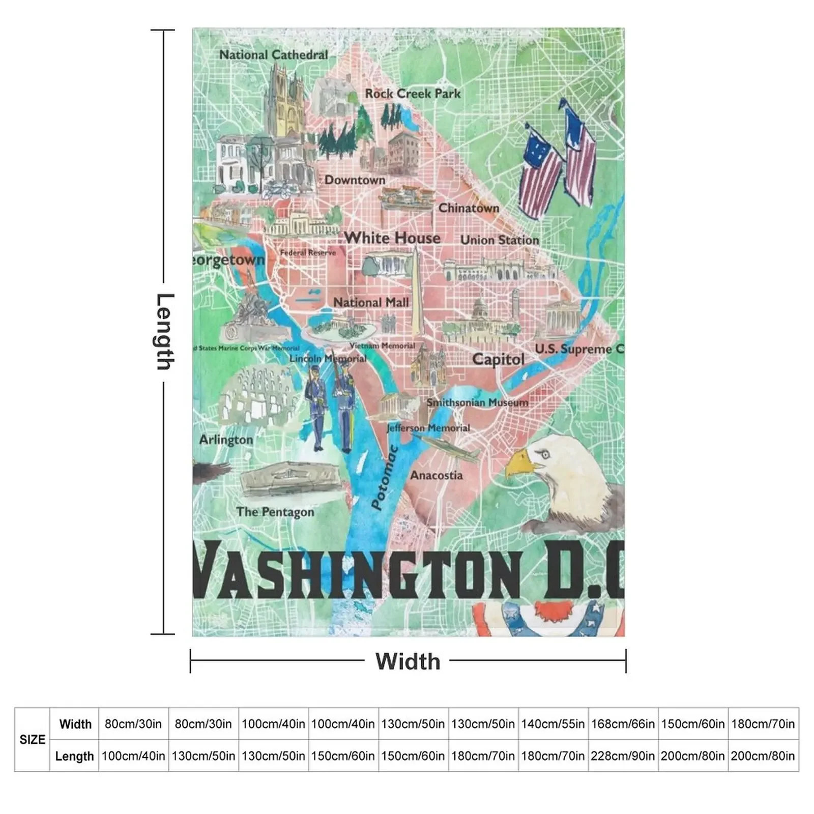 Washington DC USA Illustrated Map with Main Roads Landmarks and Highlights Throw Blanket for sofa heavy to sleep Blankets