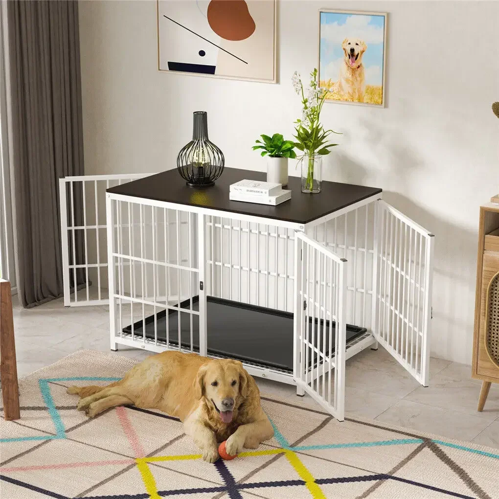 Heavy Duty Dog Kennels Metal Wooden Crate End Table Furniture Style Pet Cage with Three Doors and Removable Tray