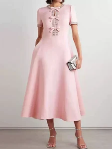 レディースラグジュアリーラインストーンラウンドネックボウウエスト短袖のAラインスカートスプリングと夏の女性の新しいスリムな長いファッションドレス。 12ベストセールスケイトミドルトンジュエリー-7