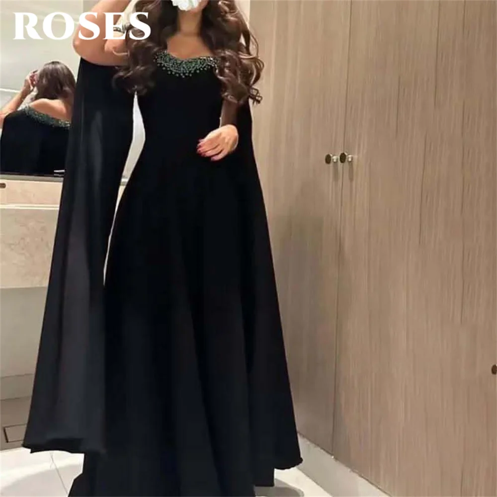 

ROSES Black Long Beaded Party Dress A-Line Sequin Night Dresses with Shawl Scoop Soft Satin Celebrity Dress for Woman Customized