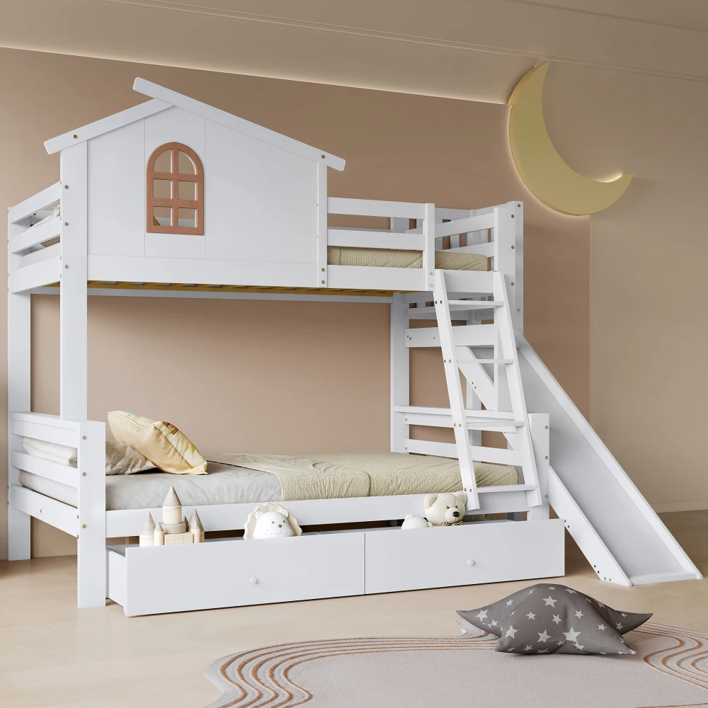 PINGGO Weißes Etagenbett Mutter-Kind-Bett Charakteristische Fenster 4-Stufige Rutsche 2 Schubladen Massivholzrahmen Ohne Matratze – Detail 6