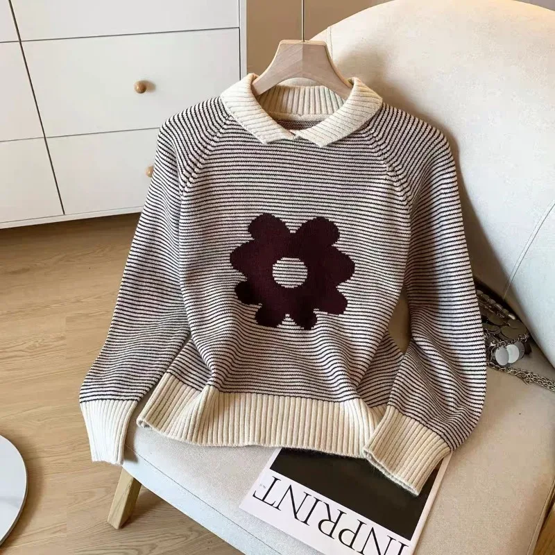 

Contrast Color Lapel Striped Pullover Sweater for Women Autumn Winter New Loose and Versatile