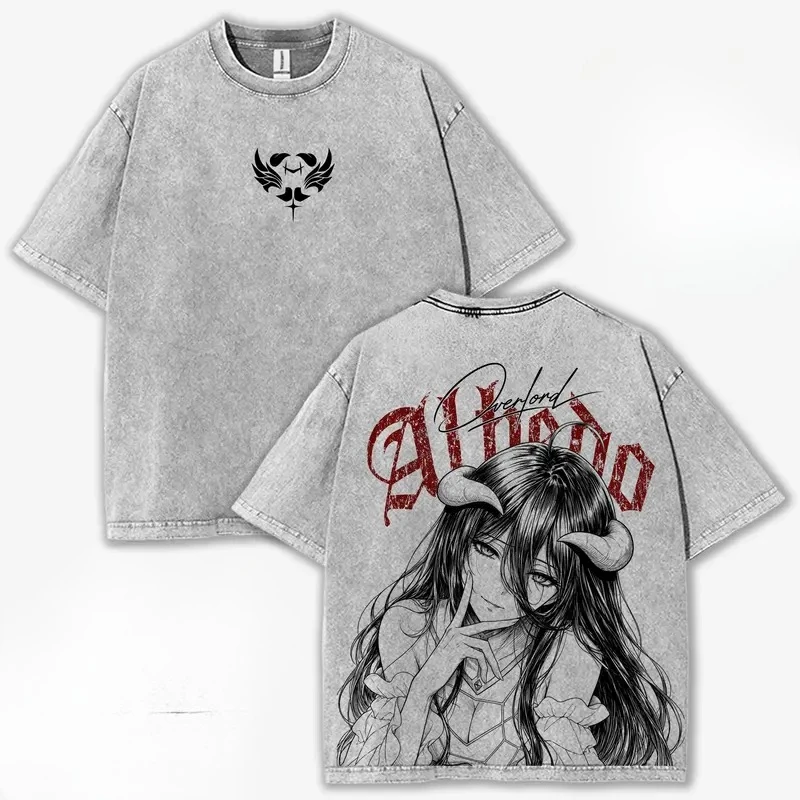 Overlord Printed Tee Anime Albedo Clothing Men Women Vintage Washed T-shirts Short Sleeve Casual Tshirt Oversized Cotton T Shirt