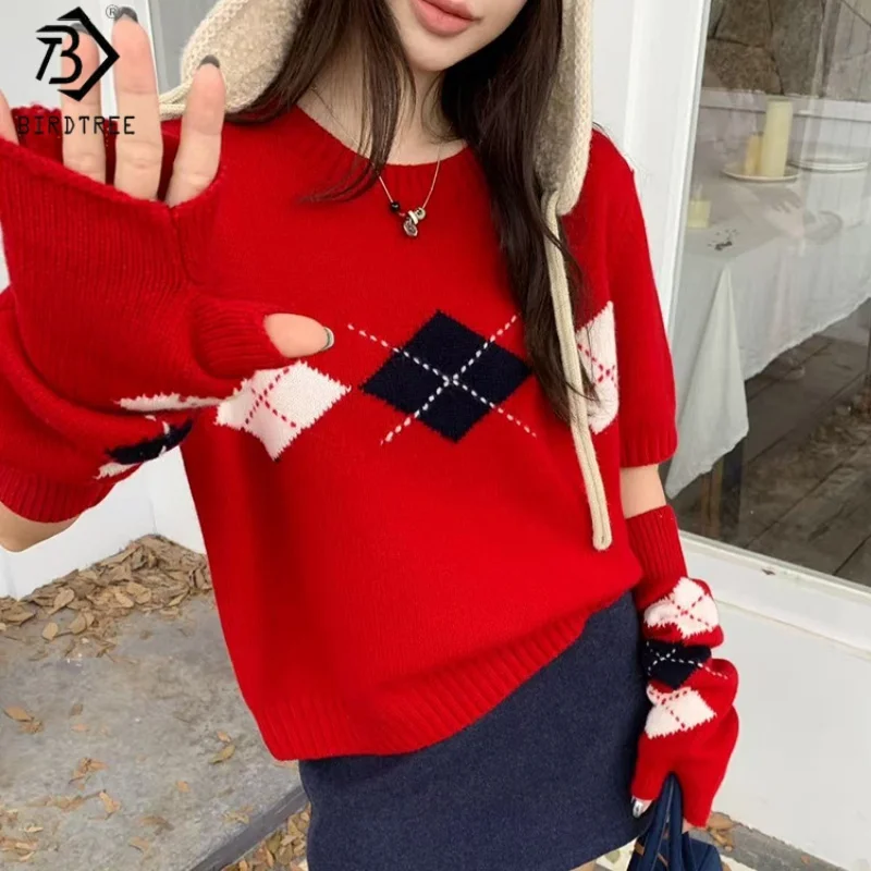 

Birdtree, вязаный свитер из 100% чистой шерсти, женские жаккардовые рождественские топы, рубашка с круглым вырезом и рукавами, зимний пуловер 2025 T5D529JF