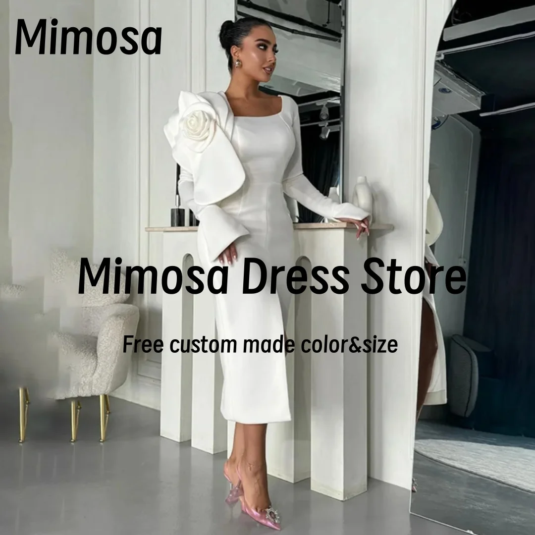

Mimosa Vestidos платья для выпускного вечера большой цветок с длинными рукавами вечерние платья с разрезом спереди чайная длина свадебная вечеринка платье в Саудовской Аравии по индивидуальному заказу