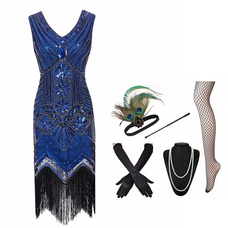 Novo 1920s gatsby charleston lantejoulas grânulo franja flapper bordado vestido robe com decote em v em camadas borla vestido de festa com acessórios