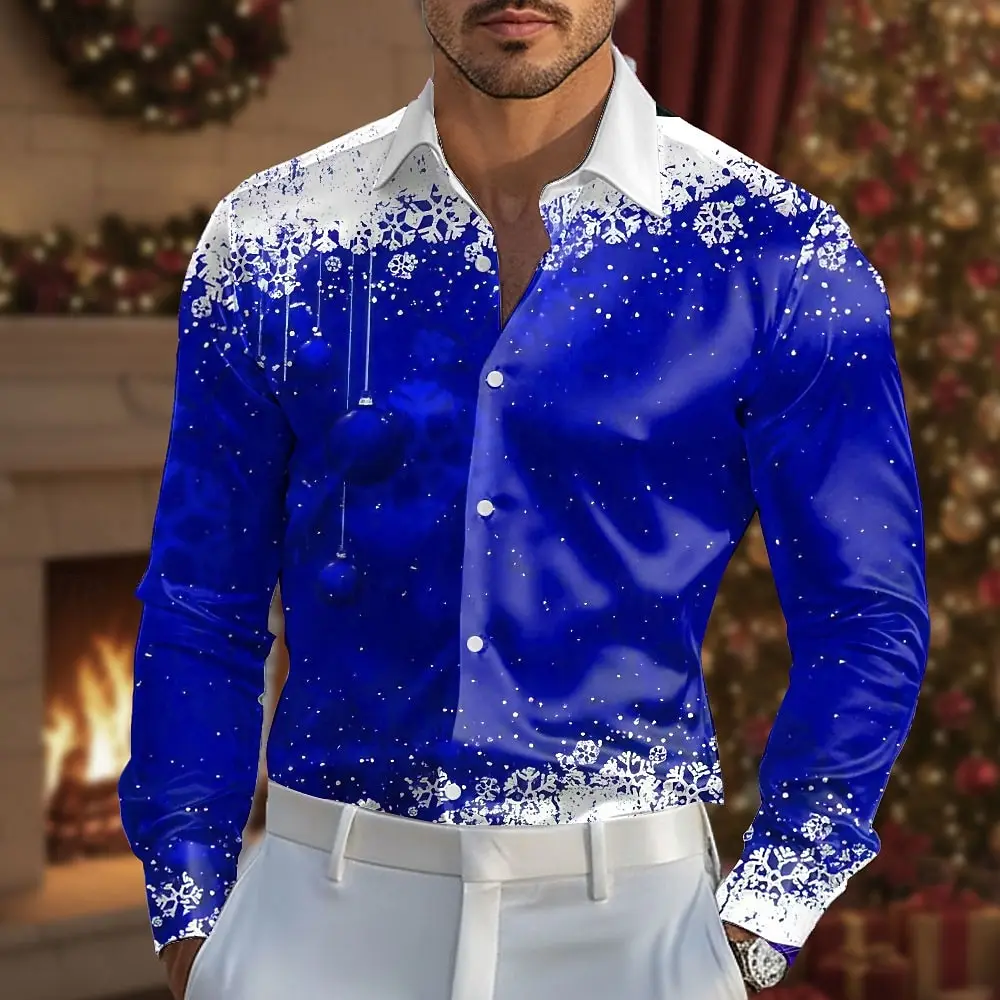 

Модные рождественские безделушки со снежинками, мужская рубашка с длинным рукавом, классическая рубашка, повседневная уличная праздничная весенне-осенняя мужская одежда, топы