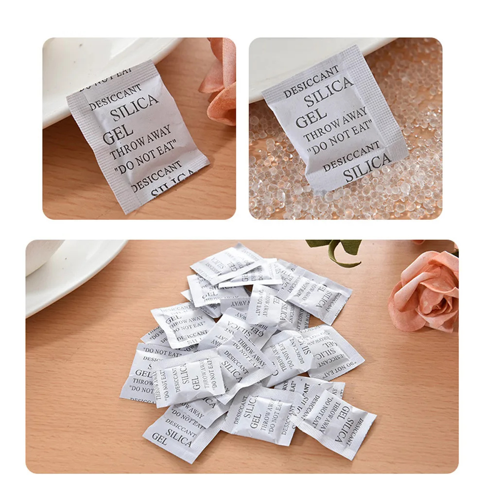 100 packs 1g Silica Gel Desiccant Moisture Absorber Dehumidifier for Room Kitchen Clothes Food Household Cleaning Non-toxic Safe