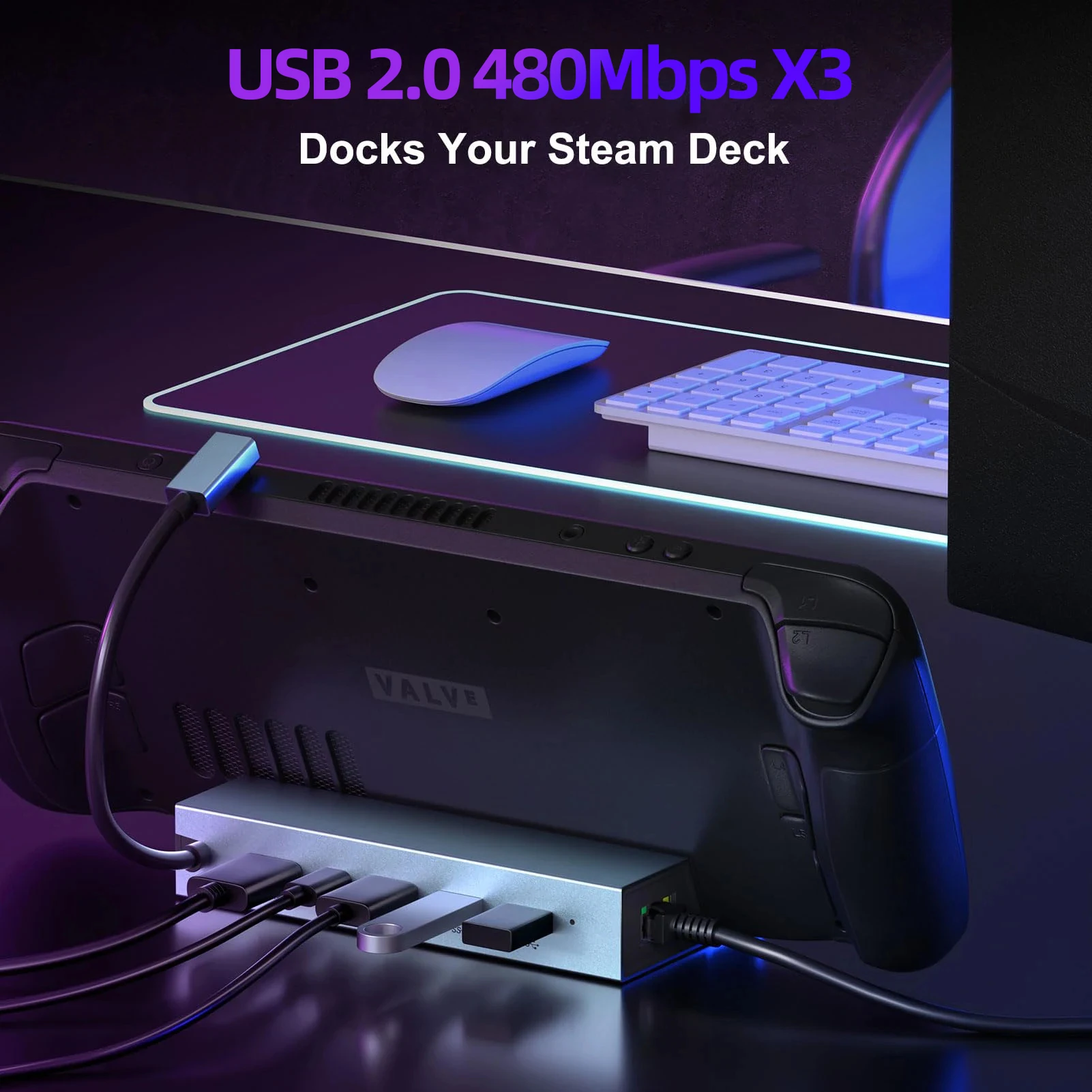 Docking Station para Steam Deck, HDMI 2.0, RJ45 Ethernet, USB 2.0, Carregamento 100W, USB-C Port, Compatível com Steam Deck, 6 em 1