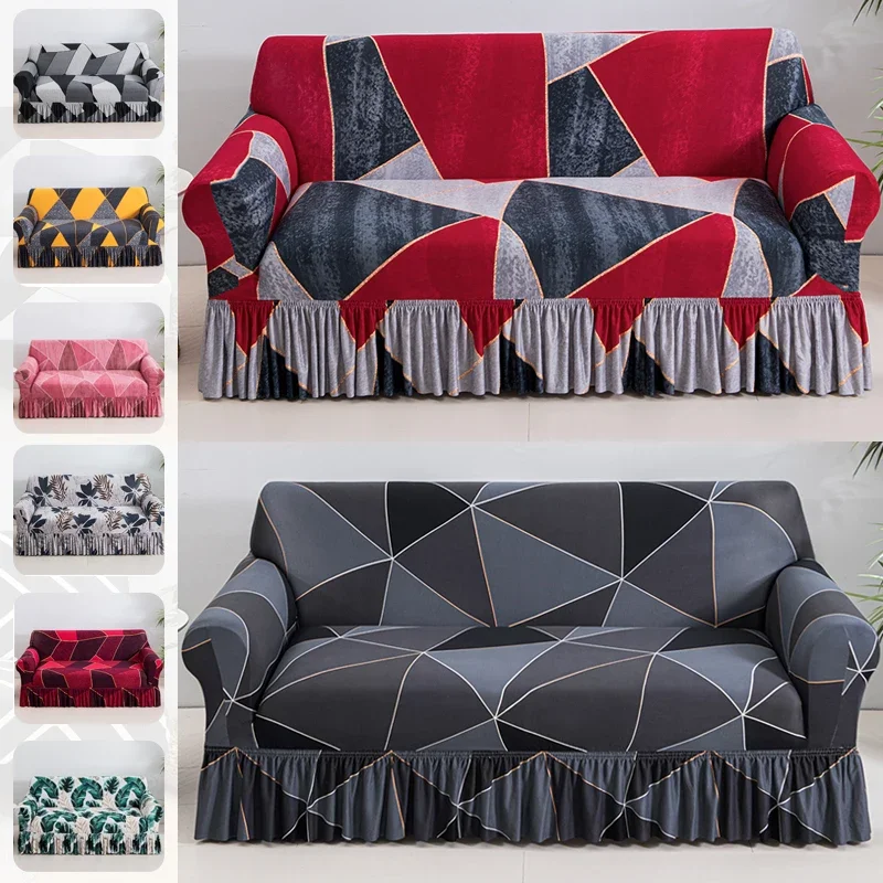 Printed Ruffled Skirt Sofa Covers for Living Room Stretch Couch Cover Sofa Slipcover Furniture Protector Easy Fitted Washable