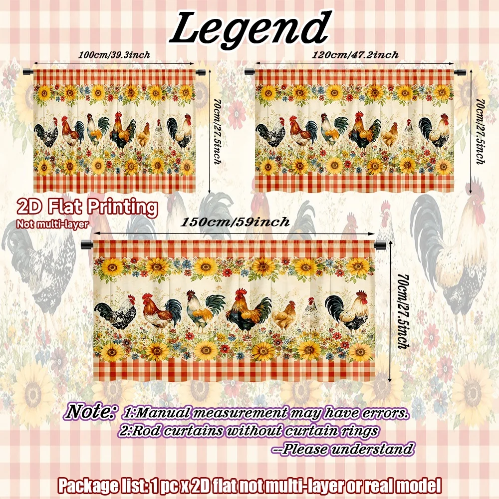 2D flat 1pc Bohemian style short curtains Farm Roosters and Sunflowers Digital printing Storage shelves for study and living
