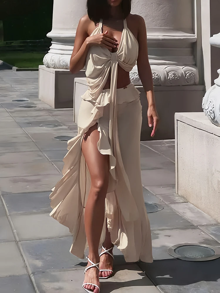 

Oniflyme Ruffles Women Matching 2 Piece Set Fashion Halter Backless Vests High Split Maxi Skirt Suits Streetwear Party Outfits