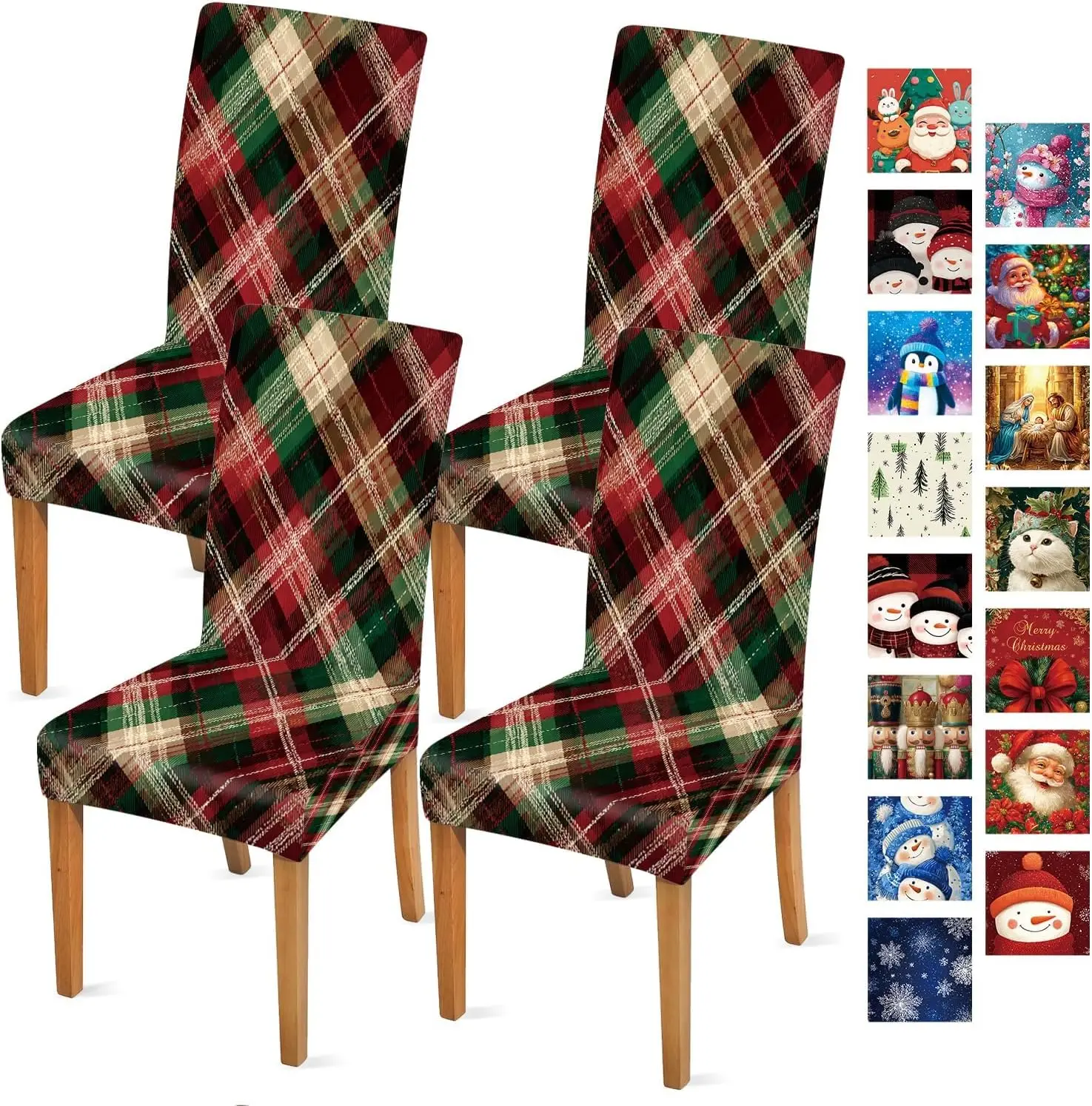 Festive Red Green Plaid Dining Chair Cover 1 Pc, Stretch Removable Slipcover Anti-dust Seat Protector for Kitchen Wedding Party