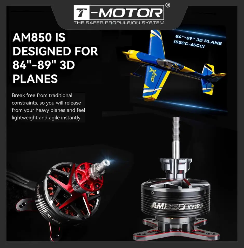 

Бесщеточный двигатель с Т-мотором AM850 KV195, модель уличного самолета, высокая тяга, 19,7 кг для 3D-самолетов 84-89 дюймов (класс 60-70 куб.см)