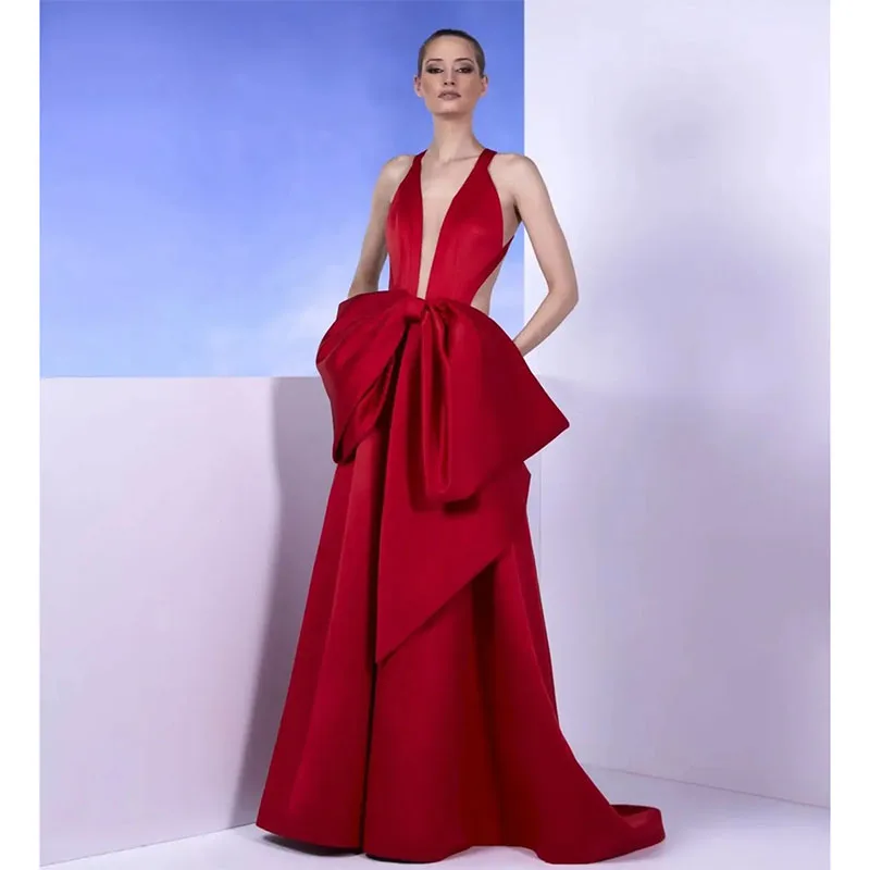 

Sexy Long Red Sleeveless Evening Dresses A-Line V-Neck Floor Length Backless Formal Occasion Prom Party Gowns