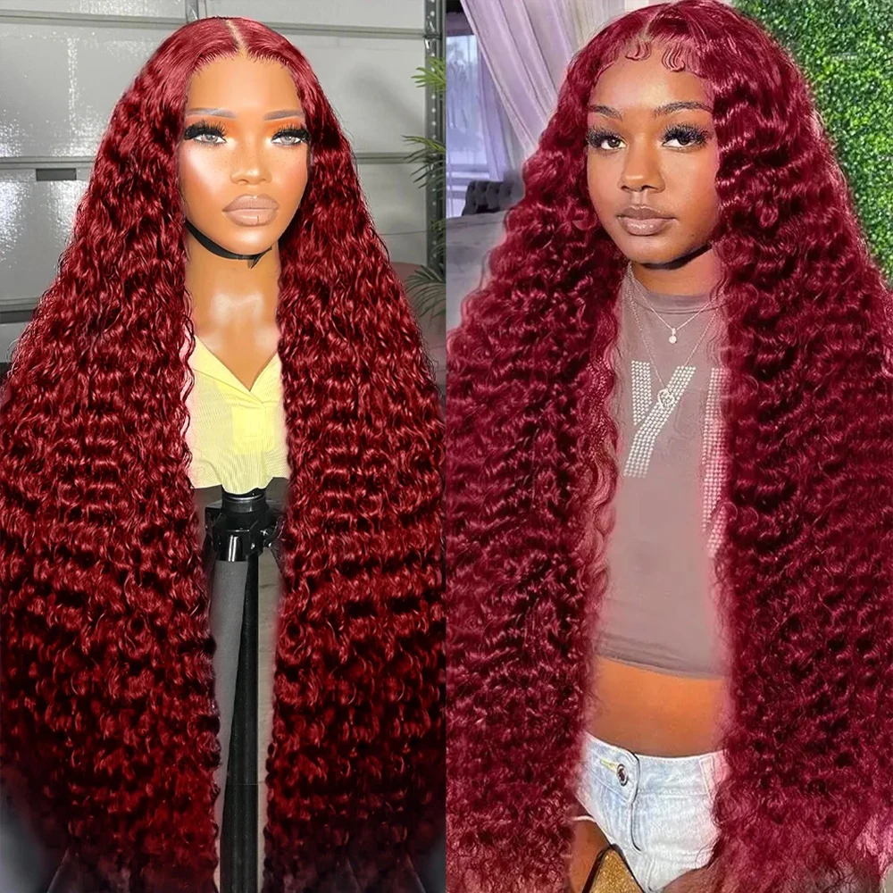 

Deep Wave Glueless Wig Human Hair Ready To Wear 99J Burgundy Curly 13x4 7x5 HD Lace Frontal Wig Preplucked Red Colored For Women