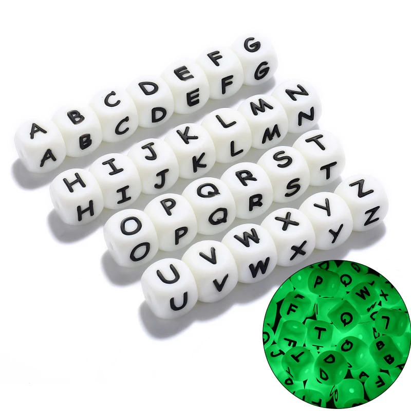 10pcs Baby Luminous Silicone Beads Letters Pacifier 12mm Alphabet Personalized Name DIY Teether Teething Beads Toys Gift