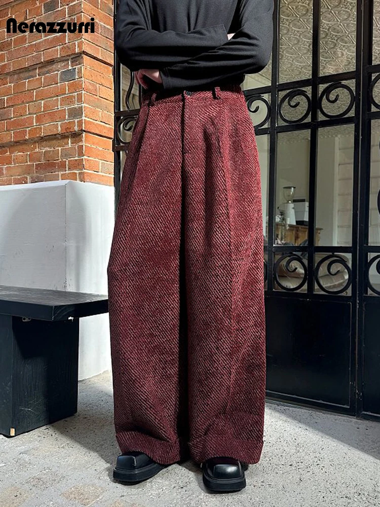 Nerazzurri Spring Autumn Long Velvet Wide Leg Pants for Men High Waist Loose Casual Flowy Soft Luxury Menswear Clothing 2026