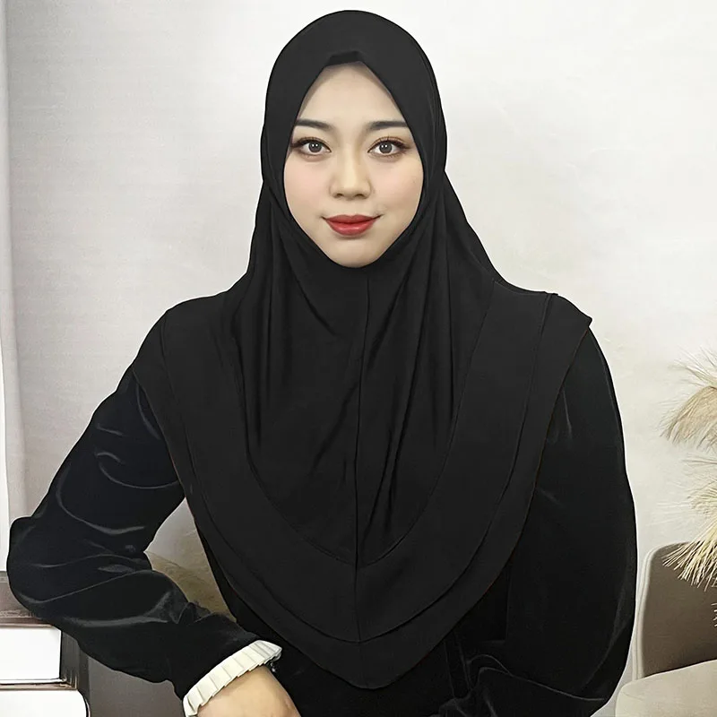 حجاب نسائي حجاب فوري وشاح شو خيمار 2 طبقة قصيرة دانتيل عمامة متواضعة صلاة مسلمة حجاب جلباب عربي نسائي Musulman
