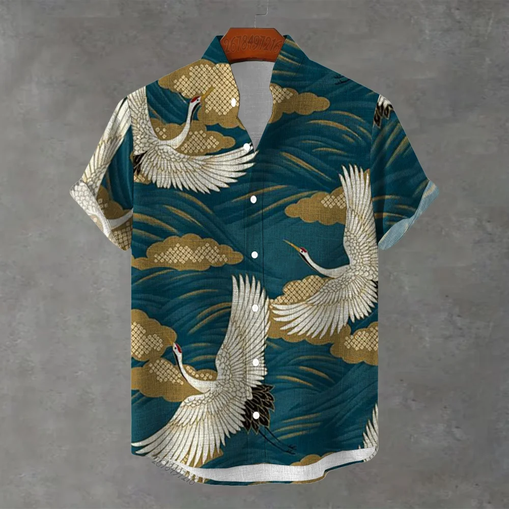 Summer Men's National Style Crane Print Short-Sleeved Shirt Retro Stand-Up Collar Thin Beach Hawaiian Shirt Casual Top