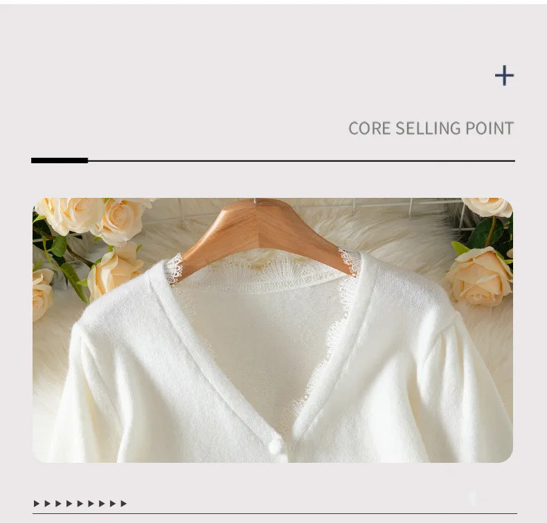 ربيع الخريف 2026 سترة بيضاء تريكو للنساء مثير الخامس الرقبة الدانتيل المرقعة سترة سترة أزرار طويلة الأكمام 511901