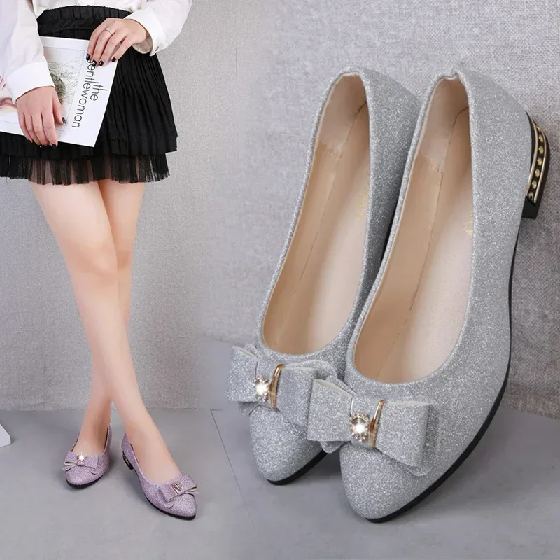 Korean casual shallow mouth single shoe women's summer new item bow frosted low heel rhinestone fashionable women's shoes